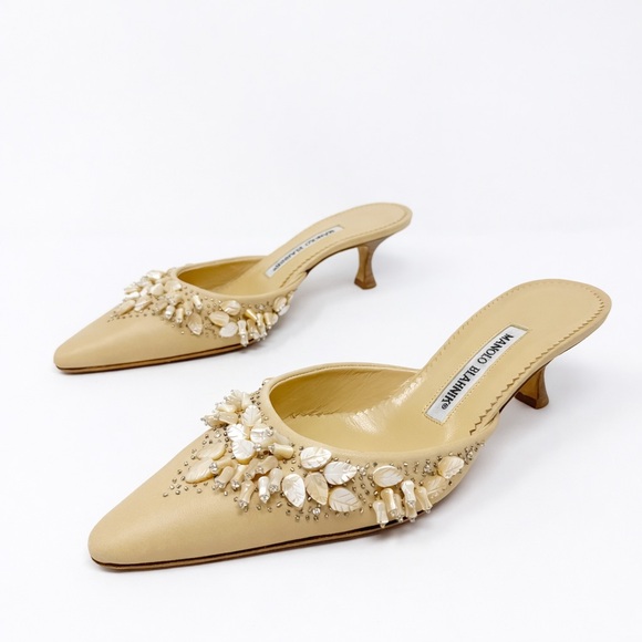 Manolo Blahnik Shoes - Manolo Blahnik Mother of Pearl Embellished Kitten Heel Mule Womens Size EU 37.5
